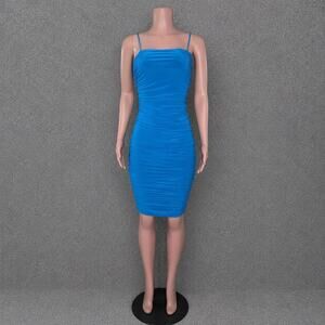 Uptown Womens Large Blue Bodycon Dress Spaghetti Strap Side Ruched Lined NWOT